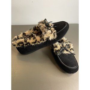 Vionic 366 Juniper Suede Moccasin Slippers Leopard Print Faux Fur Shoes Size 11